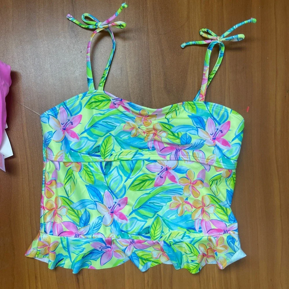 Cat & Jack Girls Tropical Floral Tankini 2-piece Swimsuit Pink Lime Green Size 8